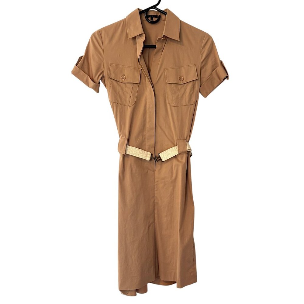 Theory 0 Khaki Military Style Short Sleeve Belted Midi Shirt Dress